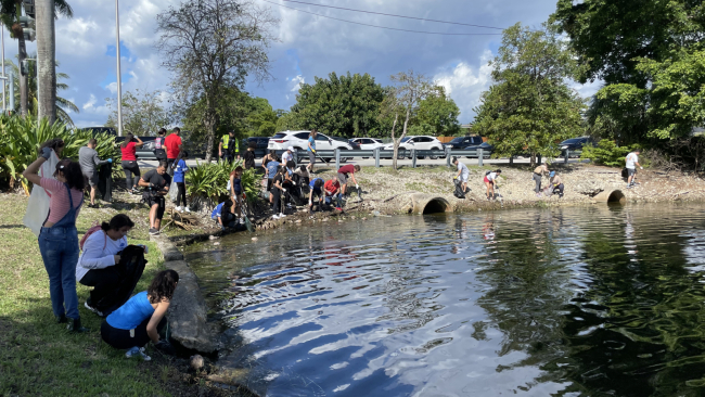 A group of volunteers collecting trash along the shore of a pond.
