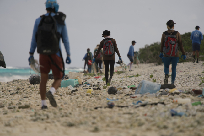 Many people walking a beach cleaning up trash.