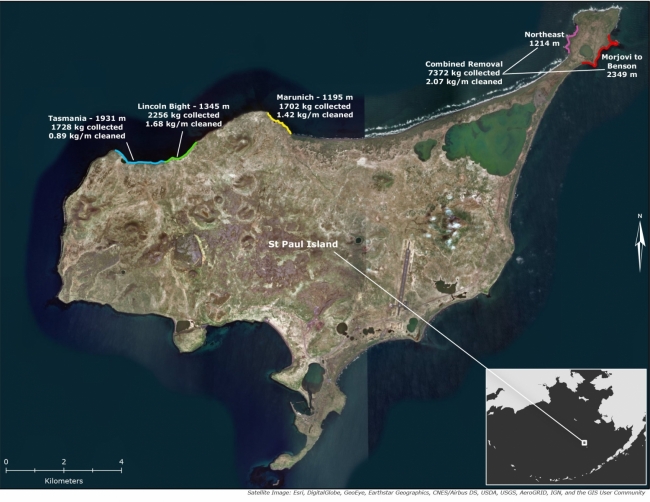 An imagery map of St. Paul Island in Alaska showing the locations, distances, and weight of debris cleaned from the shoreline.