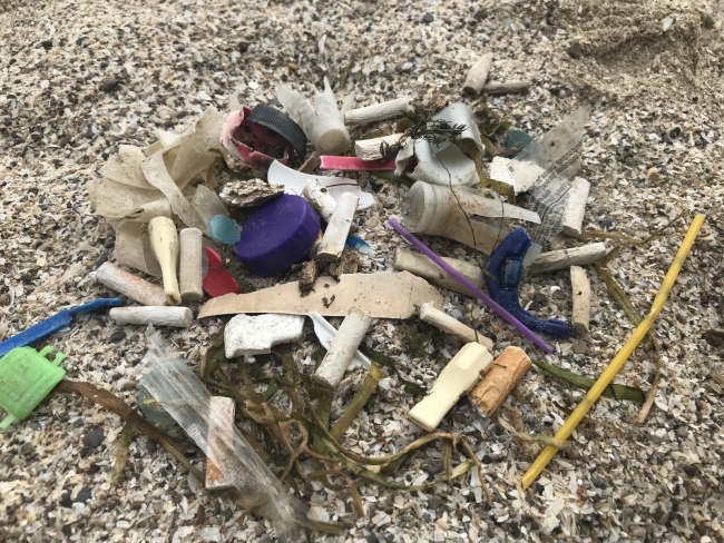 Small debris items on the beach including plastic bottle caps and cigarette butts.