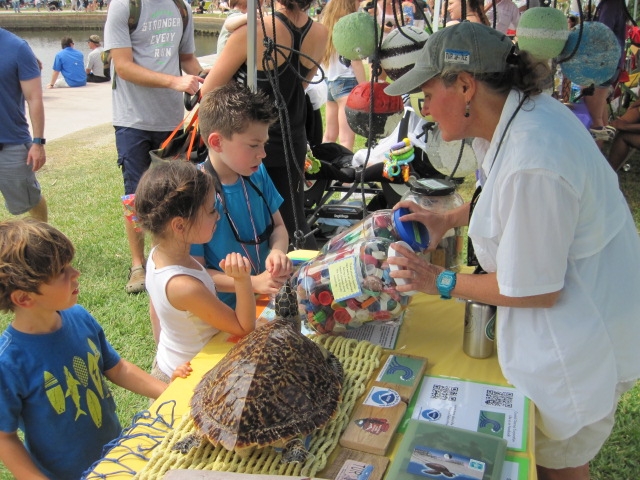 At a public outreach day, Coastal Cleanup Corporation volunteers educate the public about the negative impacts of marine debris on sea turtles and other wildlife.