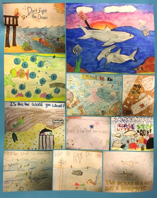 A wall of student artwork.