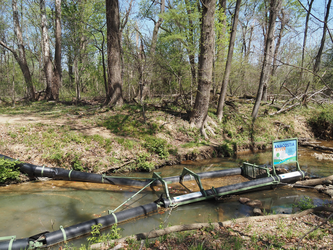 A litter trap installed on a stream in the forest.