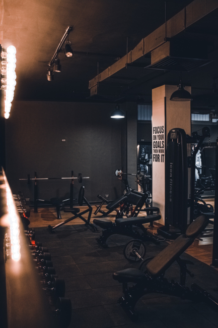 A gym with a row of exercise machines.