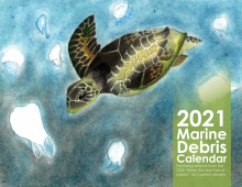 Student illustration of a sea turtle underwater surrounded by plastic bags.