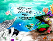 Student artwork of a reef with lots of colorful life on one side and colorless debris on the other, with the words "keep the sea free of debris."