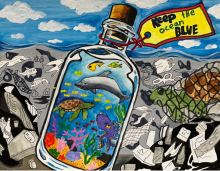 Artwork of an enlarged glass bottle full of colorful, clean sea creatures and a tag tied to the top that reads "Keep the ocean blue". The bottle is illustrated to be within a grey scaled ocean full of various marine debris items and entangled sea creatures. 