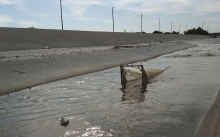 A box trawl sampling for microplastic particles in Coyote Creek during the dry season.