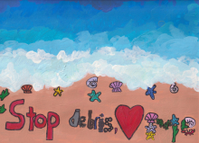 Artwork of a sandy beach with debris and seashells spelling out "Stop Debris, [love] Me".