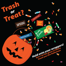 Graphic of Halloween candy saying to hold on to your wrappers.