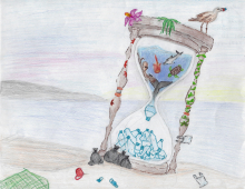 Artwork of an hourglass with sea creatures in the top half, becoming plastic bottles in the bottom half.