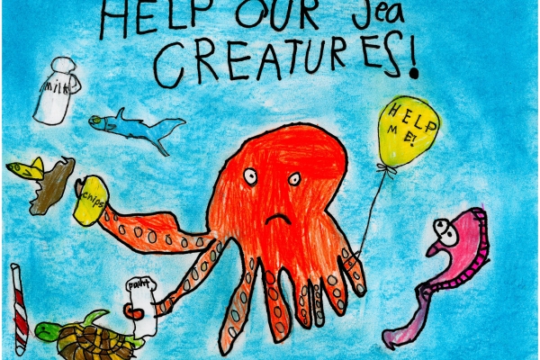 Artwork by Clayton K. (Grade 1, California), winner of the Annual NOAA Marine Debris Program Art Contest