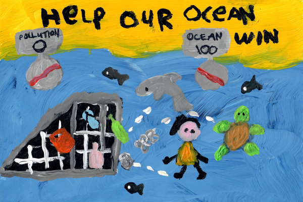 A painting of sea creatures playing a game of soccer with the scoreboard reading "Pollution 0, Ocean 100," under the text "Help Our Ocean Win," artwork by Brooke B. (Grade 1, Hawai'i), winner of the NOAA Marine Debris Program Art Contest.