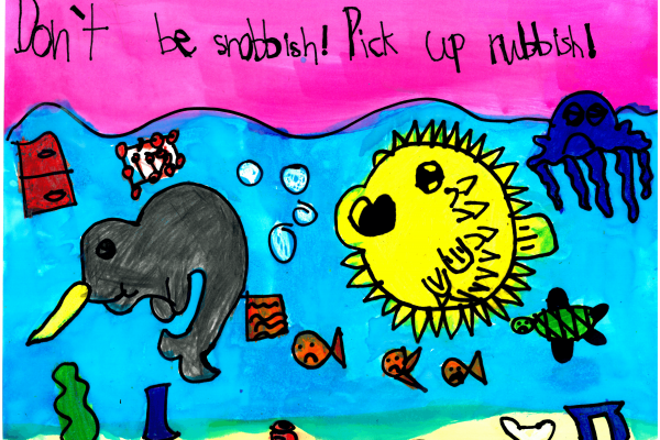 Calendar artwork submission of fish and marine debris. 