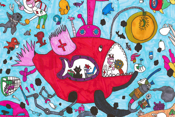Artwork of a submersible collecting marine debris from the water.