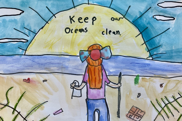 A peaceful beach scene featuring a person with long red hair looking over the ocean while picking up debris, artwork by Hazel P. (Grade 3, Florida), winner of the NOAA Marine Debris Program Art Contest.