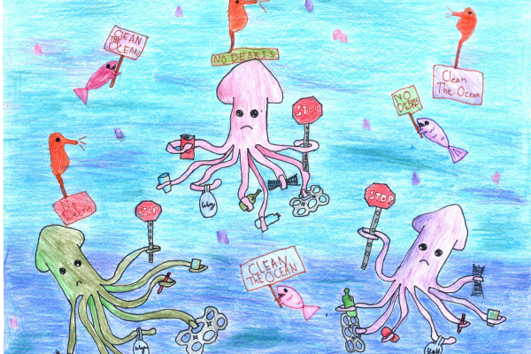 Artwork of a school of squid holding stop signs and marine debris.