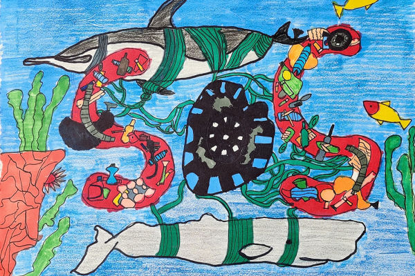 Artwork of the letters "SOS" made out of marine debris, surrounded by two entangled whales.