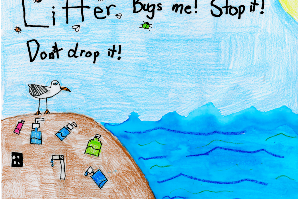 Calendar artwork submission of litter near the ocean. 