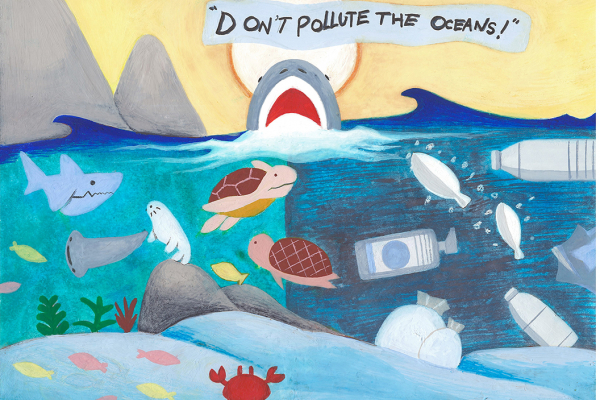 Artwork of a shark rising out of water saying "Don't pollute the oceans!" with the sea beneath half full of debris and half of healthy creatures.