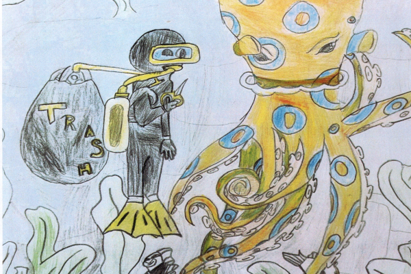 A diver with a bag labeled "Trash" cuts a six-pack ring off of an octopus, artwork by Arianna B. (Grade 4, Maine), winner of the NOAA Marine Debris Program Art Contest.