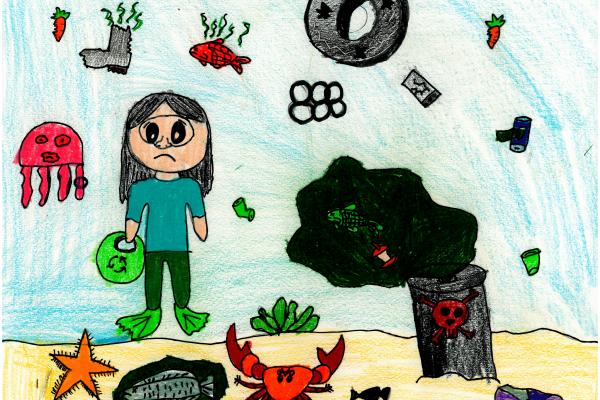 Calendar artwork submission of marine debris floating in the ocean. 