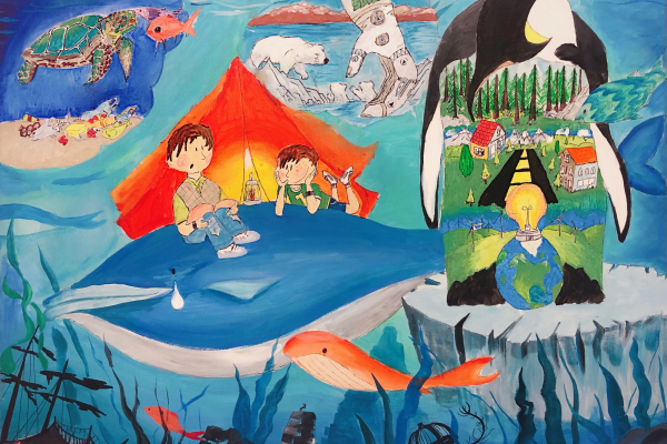 An abstract scene of animals struggling with the impacts of marine debris, artwork by Luca L. (Grade 4, Washington), winner of the NOAA Marine Debris Program Art Contest.