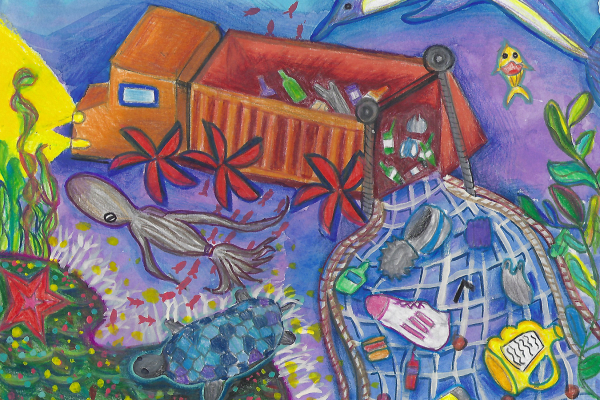 Artwork of an underwater dump truck collecting marine debris.