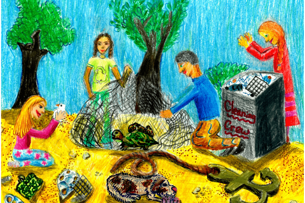 Calendar artwork submission of a picnic with trash. 