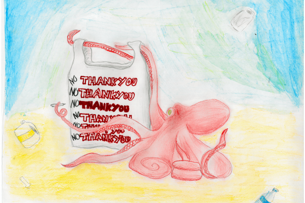 Calendar artwork submission of an octopus with a plastic bag. 