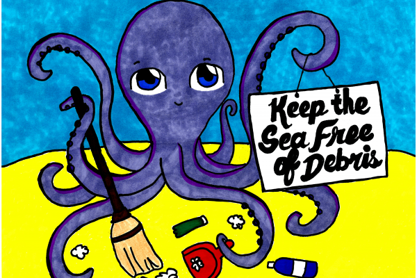 Calendar artwork submission of octopus and marine debris. 