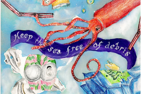 Artwork by Krishi P. (Grade 6, South Carolina), winner of the 2021 Annual NOAA Marine Debris Program Art Contest