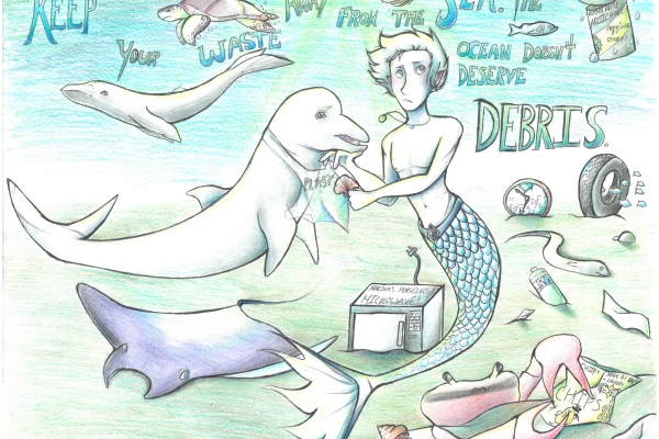A child's drawing of ocean life and a mermaid entangled in debris.