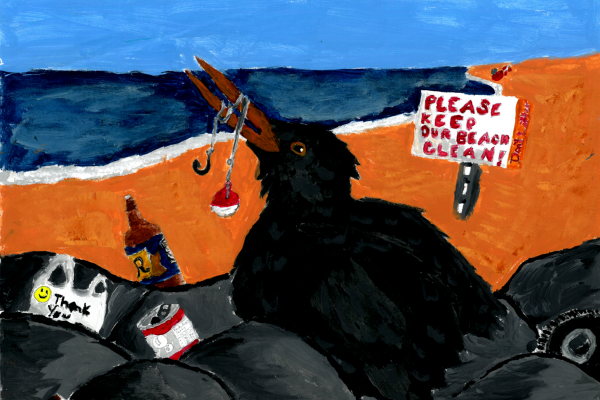 Student artwork of a bird on a beach with fishing line around its beak.