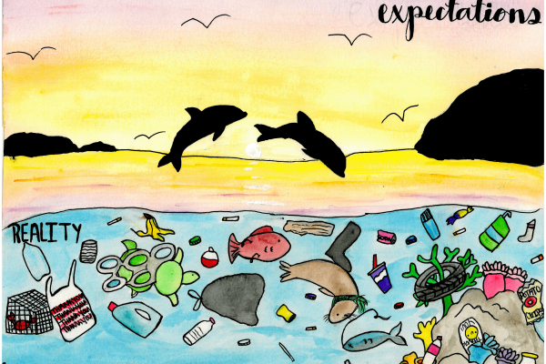 Calendar artwork submission of dolphins and marine debris. 