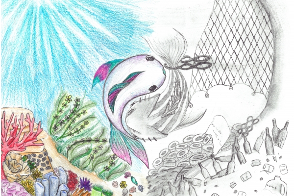 A child's drawing of a colored and clean ocean on one side and a grey and polluted ocean on the other.
