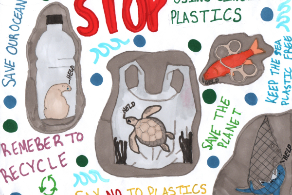Images of animals amid debris items under text reading "STOP using single use plastics," artwork by Norah D. (Grade 7, Rhode Island), winner of the NOAA Marine Debris Program Art Contest.
