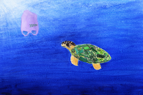 A sea turtle with a collage of debris items in its shell looks at a floating plastic bag in the ocean, artwork by Clara G. (Grade 8, California), winner of the NOAA Marine Debris Program Art Contest.