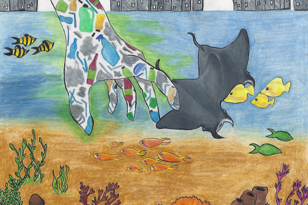 Artwork of a hand made out of marine debris reaches into the ocean from a cityscape, disturbing the fish and manta rays.