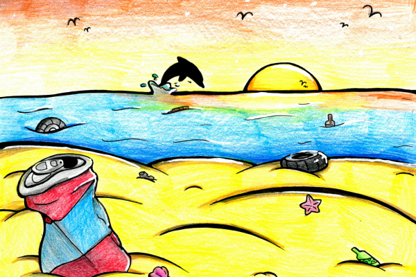 Student artwork of a can and other debris on a beach.