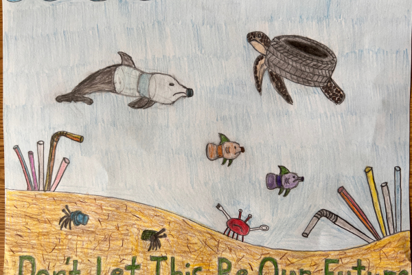 Sea creatures creatively designed out of plastic items swim over text reading "Don't Let This Be Our Future," artwork by Will N. (Grade 8, New York), winner of the NOAA Marine Debris Program Art Contest.