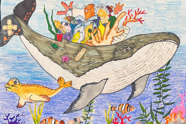 Artwork of a bandaged whale with a pile of debris and coral on its back. 