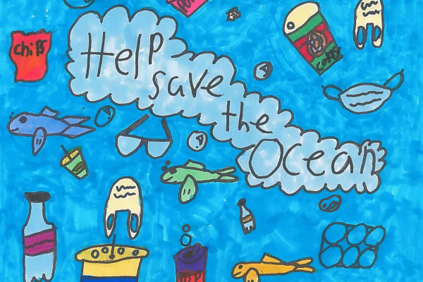 Artwork of an underwater scene with coffee cups, masks, and other debris around text reading "Help Save the Ocean". 