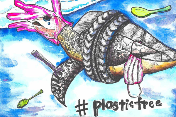Artwork of a sea turtle trapped in a tire and plastic glove, with text reading "#Plasticfree".