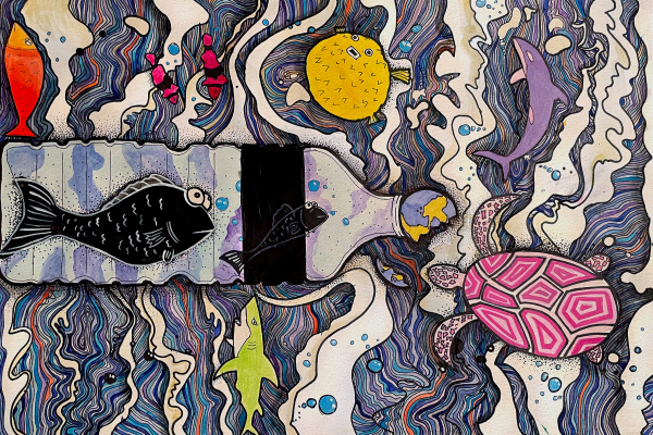 Artwork of A plastic bottle with fish trapped inside, surrounded by concerned sea creatures. 