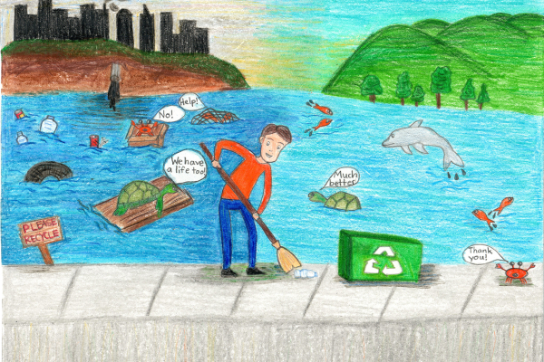 Artwork of a person conducting a cleanup, with happy sea creatures and debris-impacted creatures behind. 