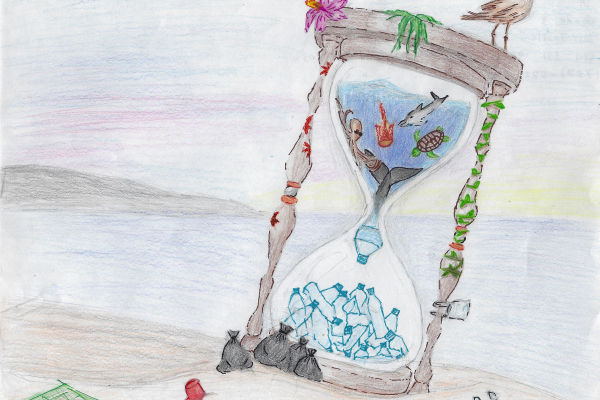 Artwork of an hourglass with sea creatures in the top half, becoming plastic bottles in the bottom half.