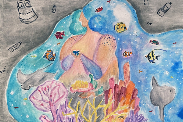 Artwork of a colorful mermaid surrounded by grey debris. 